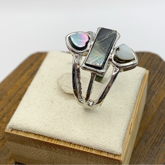 Abalone double heart ring silver tone NEW sz 8 - Picture 2 of 7